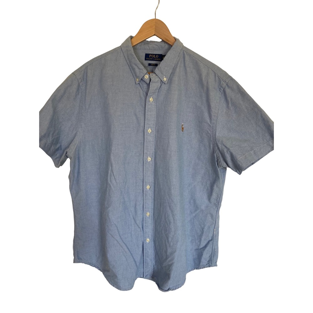 Polo Ralph Lauren Mens XXL Slim Fit Short Sleeve Oxford Shirt Light Blue Cotton